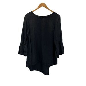 CROWN LINEN DESIGNS 100% Linen Black Bell Sleeves Hi Lo Tunic Peasant Boho Lagen